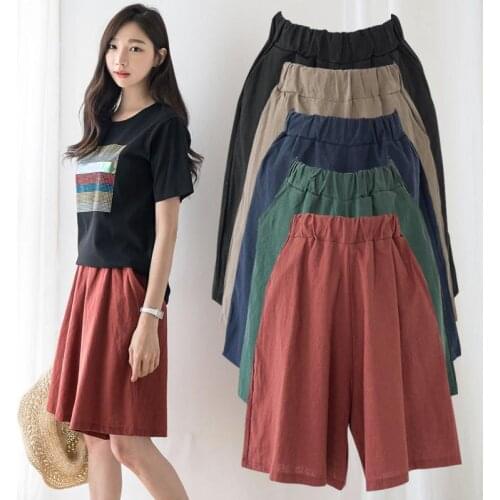 Womens Clothing Summer 2021 Cotton and Linen Casual Shorts Plus Large Large Size Elastic Waist Five-point Wide-leg Pants