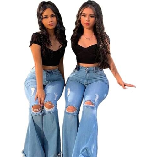 2021 New Arrival Ripped Jeans for Women Plus Size 3XL Fashion Hole Cotton Denim Wide Leg Flare Pants Trousers Streetwear Ddlg