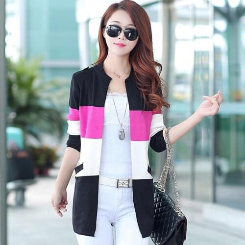 Womens Knit Sweater 2019 New Color Matching Fashion Cardigan Sweater Spring Autumn Long Large size Slim fit Knit Sweater coat