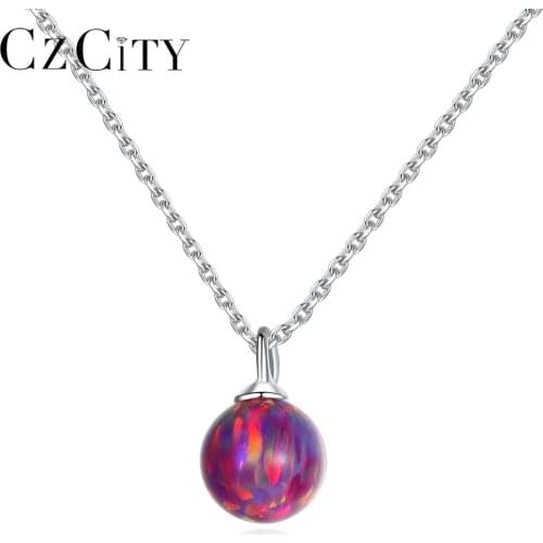 CZCITY Fantastic 925 Sterling Silver 6mm Red Round Ball Fire Opal Birthstone Pendant Necklace for Women Charming Choker Jewelry