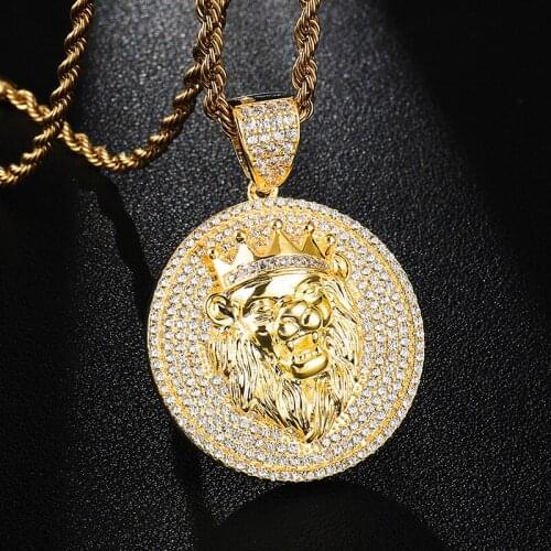 D&Z Iced Out Bling Cubic Zircon Lion Head Round Necklaces Pendants For Male Hip Hop Jewelry Gift