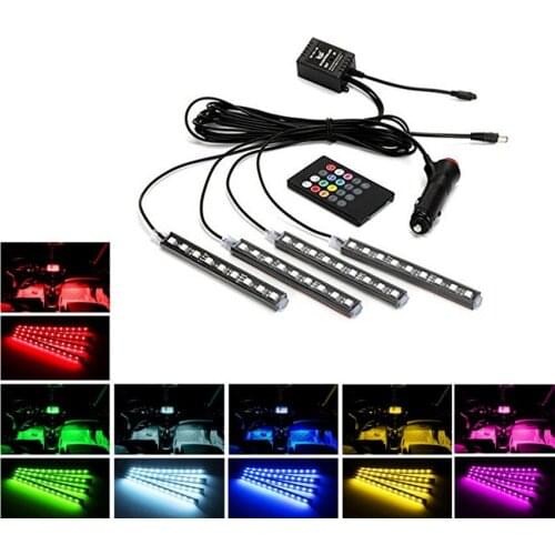Car Styling RGB LED 7 Color 9LED Car Interior Strip Light Decorative Atmosphere Neon Light Kit With Vioce Control Remote Control