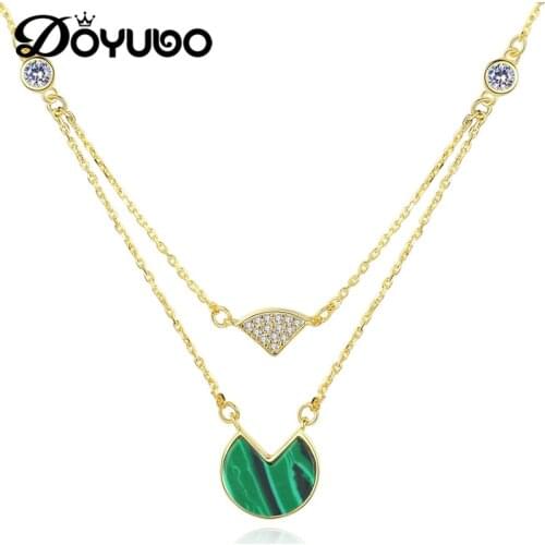 DOYUBO Luxury Women Sterling Silver Green Stone Necklaces Gold Color Cubic Zirconia Sector Shape Chamrs Necklace Jewelry VA271
