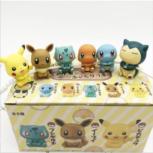6PCS Pika Snorlax Eevee Bulbasaur Charmander Squirtle 5CM Cartoon Earphone Cable Clip PVC Action Figures Toy Retail