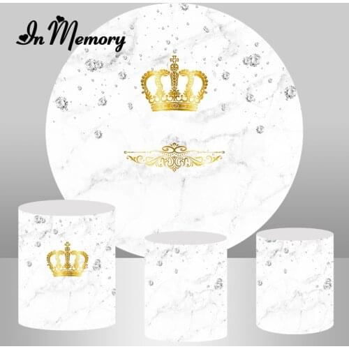InMemory Gold Crown Diamonds White Round Circle Photography Backgrounds Marble Baby Shower Newborn 1st Birthday Party Backdrops