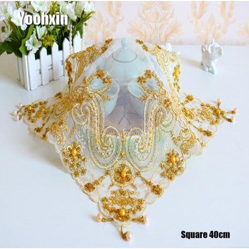 Hot lace gold beads embroidery place table mat cloth pad cup mug plate doilies dining dish tea glass coaster placemat kitchen