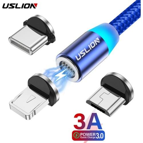 USLION Magnetic Cable 3A Fast Charging Magnet Charger Micro USB Type C LED Cable For iPhone 11 12 Xiaomi Data Wire Cord Cable