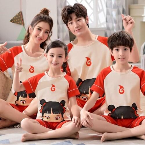 2021 New Cute Cartoon Parent-Child Pajamas For Boys Girls Children Pure Cotton Sweet Summer Home Wear Tracksuit Kids Clothes