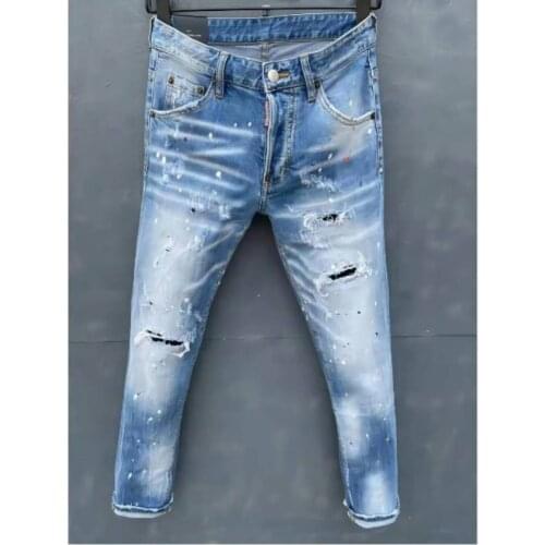 New DSQ2 Mens Skinny Jeans With Ripped Holes And elastic Paint Spray Blue Stitching Beggar Pants 058