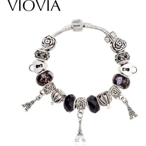 VIOVIA Paris Charms Beads Charm Bracelet For Women Fit Fashion Jewelry With Black Beads B15383