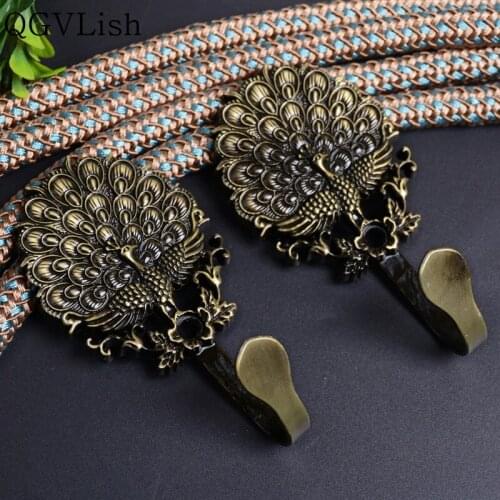 QGVLish 2Pcs Peacock Curtain Hooks Tassel Brush Hat Coat Hanger Holder Hook Curtain Accessories Tiebacks Holdback Home Decor