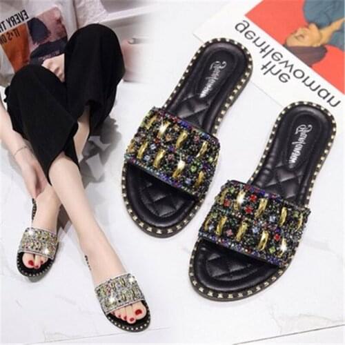 Siddons Bling Bling Crystal Women Slippers Open Toe Luxury Rhinestone Ladies Runway Shoes Summer Beach Ladies Flats Slippers