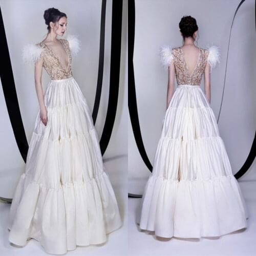 Latest Design Elegant Evening Dresses Deep V Neck Sequins Beaded Feather A Line Prom Dress Custom Made Formal Celebrity Gowns