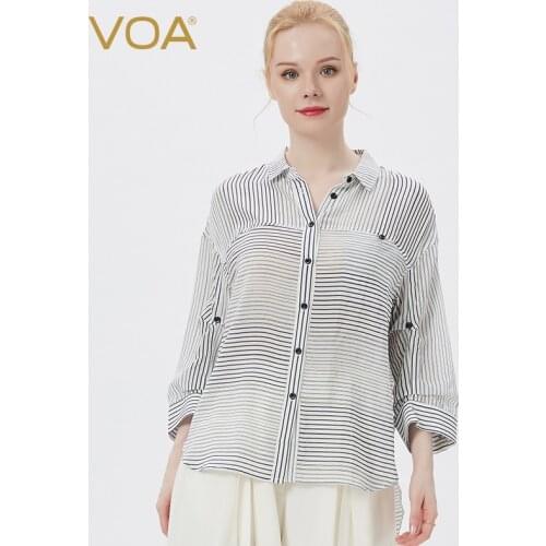 VOA White Background Pinstripes Middle Sleeves Single Row of Contrast Buttons Loose and Casual Boyfriend Style Silk Shirt BJ002