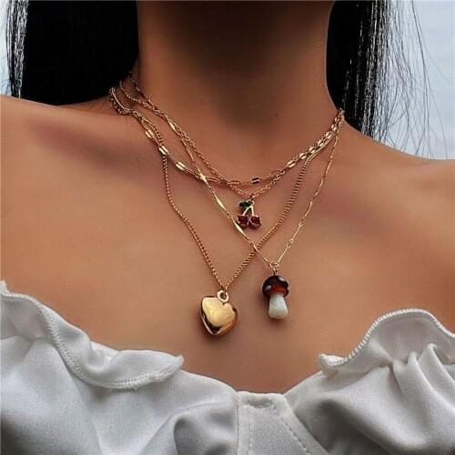 Y2k Aesthetic Mushroom & Fluffy Heart & Merry Pendant Necklace Set Boho Layered Jewelry for Women Girls Stacking Necklace Beach