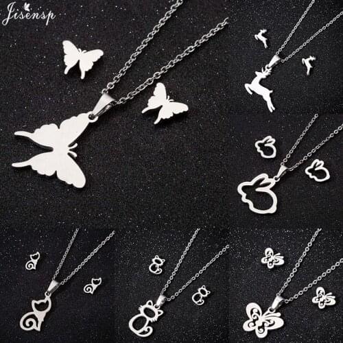 Jisensp Bohemian Style Stainless Steel Jewelry Sets Lovely Butterfly Pendant Necklace Earrings for Women Girls Party Gift