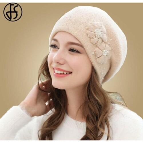 FS Ladies Winter Hats For Women Skullies Beanies Rabbit Fur Knitted Caps Female Fashion Flower Wool Hat Girls Warm Bonnet Femme