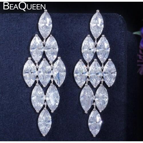 BeaQueen Gorgeous Big Dangle Drop Marquise Cut Cubic Zirconia Stone Long Earrings for Women Wedding Jewelry Accessories E324