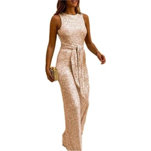2021 Summer Fashion Womens Jumpsuit Sleeveless Pure Color Round Neck Sexy Silver Dotted Wide Leg Pants With Sequins