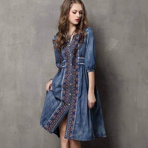 2019 autumn new code ladies denim national wind embroidered drawstring sleeve dress