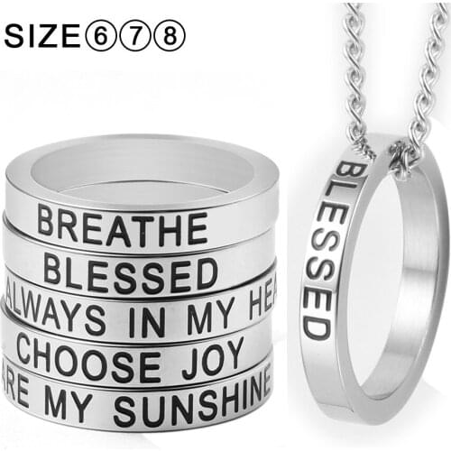 Stainless Steel Engraved Letters Womens Rings 3mm Width Fashion Ring with Inspirational Mantra Words Jewelry with 60cm Chain