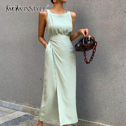 TWOTWINSTYLE Elegant Lace Up Dress For Women O Neck Sleeveless High Waist Casual Solid Dresses Female Fashion New Summer Tide