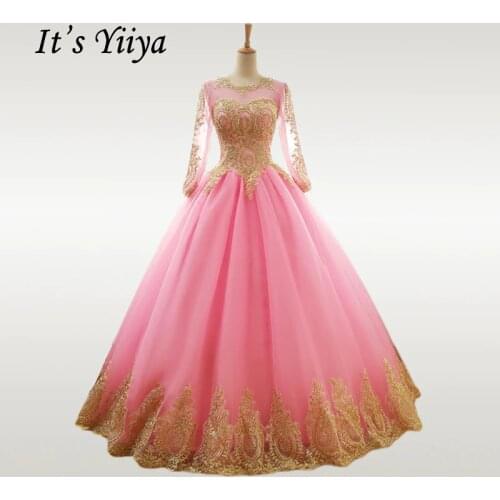 Its YiiYa Wedding Dress Gold Lace O-neck Pink Wedding Dresses Plus Size Long Sleeve Muslim Vestido de novia Free Shipping CH238