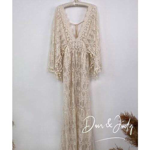 DON&JUDY Vintage Beige Boho Maternity Dresses Women Dress Long Sleeves V-neck Prom Party Gowns for Photo Shoot 2021