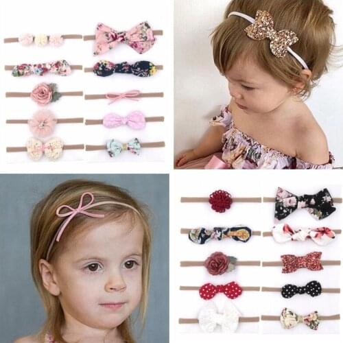 10PCS/LOT 2019 Boutique Baby girls Sequin Bow Nylon Headband DIY printing cloth bowknot Elastic band For Kids Hair Accessories