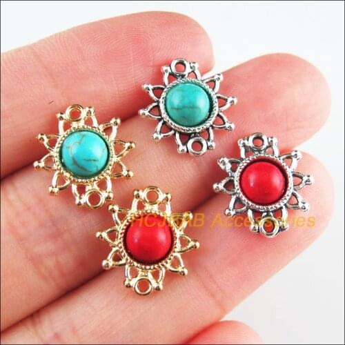 20Pcs Retro Gold Color Tibetan Silver Tone Sun Flower Blue&Red Stone Charms Connectors 14x15mm