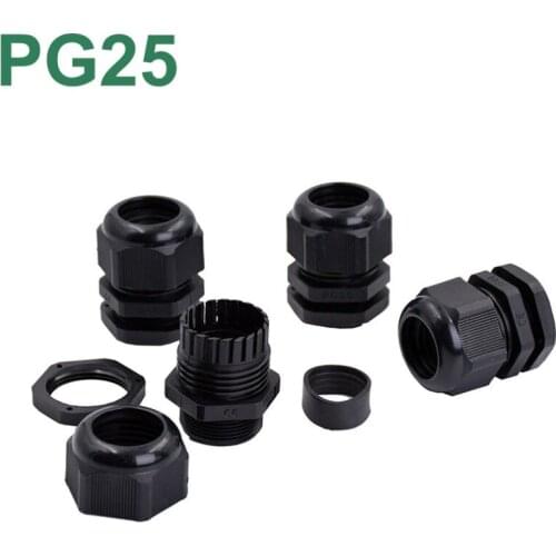 50pcs/lot PG25 Waterproof Cable Gland Connector Adjustable M32 Plastic Cable Gland with Locknut For 16-21mm Wire Black Grey