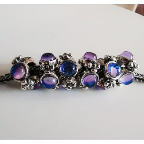 925 Sterling Silver Vintage Flowers Triple Glass Charm Bead Fit European Bracelet Jewelry