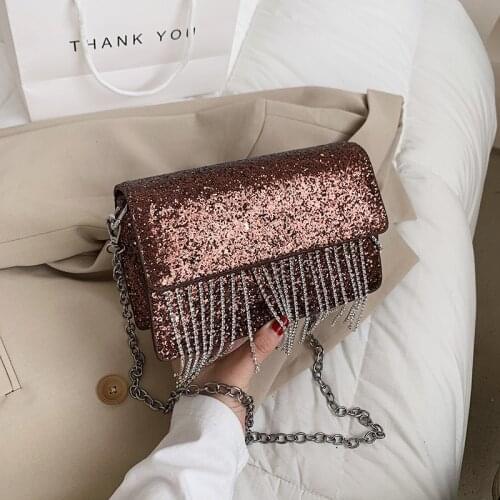Brand Designer Sequins Small Square bag 2021 Fashion Womens Handbag metal Chain Rhinestone Tassel Shoulder Messenger Bags