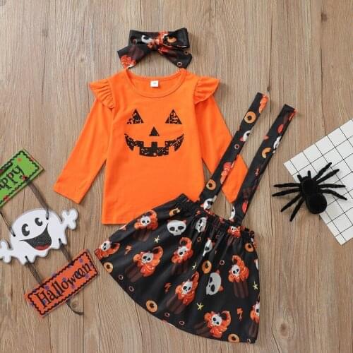 Baby Set Spring Autumn Long Sleeve Pumpkin Romper + Ghost Suspender Skirts + Headband Three-piece Halloween Girl Sets