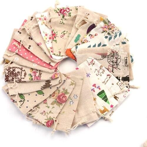10x14cm 50pcs Print Handmade Burlap Linen Jute Drawstring Gift Bags Party Favors Packaging Bag Wedding Gift Bags Party Supplies