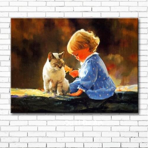 Classical cute blue skirt baby girl cat landscape canvas printings oil painting printed on canvas wall art decoration picture