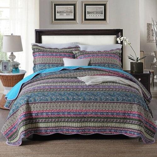 CHAUSUB Cotton Quilt Set 3-Piece Bedspread Bohemian Printed Quilts Bed Cover Pillowcase*2 King Queen Size Coverlets 50