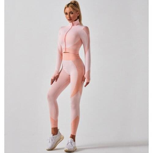 Gym Sets Women 2Pcs Seamless Zipper Long Sleeve High Waist Push Up Leggings Fitness Jogging Workout Quick Dry Gym Suit