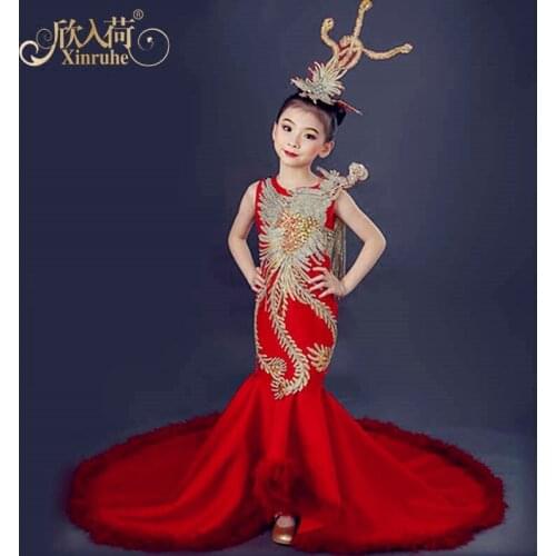 Real Picture Red Golden Lace Red Girls Mermaid Birthday Party Dresses Long Train Sleeveless Girls Mermaid Dresses Celebrity Gown