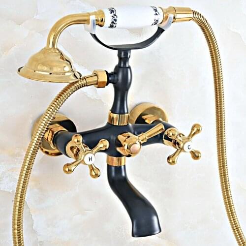 Gold & Black Oil Rubbed Brass Wall Mounted Bathroom Bath Tub Faucet Set with 1500MM Hand Held Shower Spray Mixer Tap 2na457