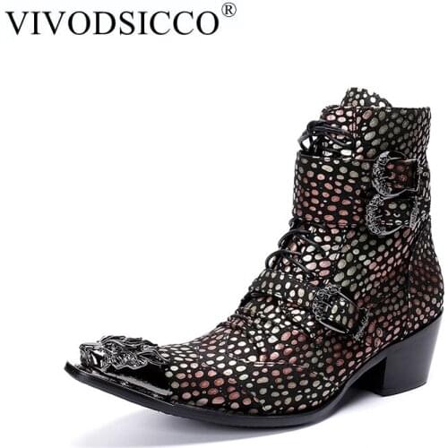 VIVODSICCO Botas Hombre Fashion Men Motorcycle Boots Cool Double Buckles Combat Army Men Boots Punk Goth Biker Men Leather Shoes