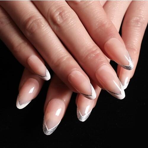 Fake Nails French Manicure Water Drop Nails Simple Silver Onion Nails White French False Nails Nail Patch TN