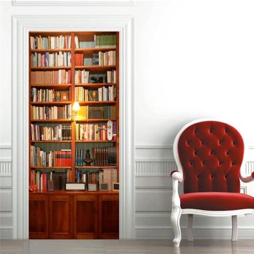 Bookcase 3D View Door Stickers Book Shelf Door Mural Library Art Vinyl Decal For Home Decoration Waterproof Bedroom Study Mural