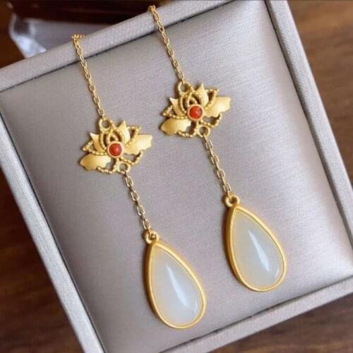 Natural Hetian white jade water drop shape unique ancient gold craft Earrings Chinese style retro minority womens brand jewelry