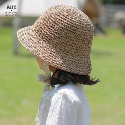 New Summer Korean Baby Straw Hats Lace Strap Crochet Children Foldable Cap Boy Girl Lace Sun Outdoor Beach Hat
