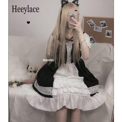 Kawaii Lolita Maid Dress Pink Goth Gothic Birthday Party Dress Puff Sleeve Japanese Harajuku Ruffle Lace-up Soft Girls