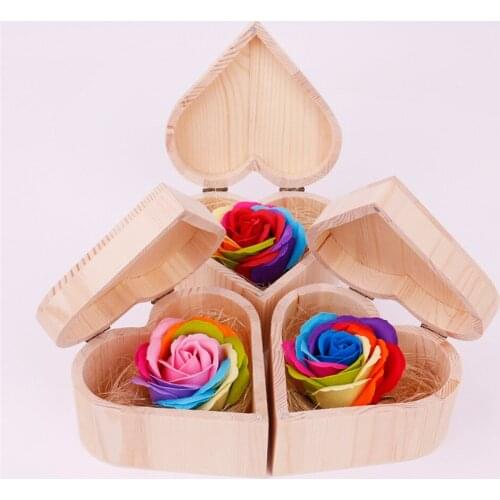 Romantic Color Soap Rose Flower Petal With Wooden Heart Shape Box Party Wedding Valentines Day Gift For Girl
