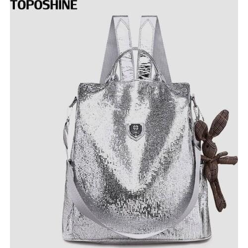 Toposhine 2020 New Casual Women Backpacks PU Leather Anti-Theft Black Backpack Girls School Shoulder Bag With Bear Black/Silver