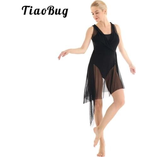 TiaoBug Adult Sleeveless Wrapped Gymnastics Leotard Women Asymmetrical Mesh Ballet Figure Skating Dress Lyrical Dance Costumes