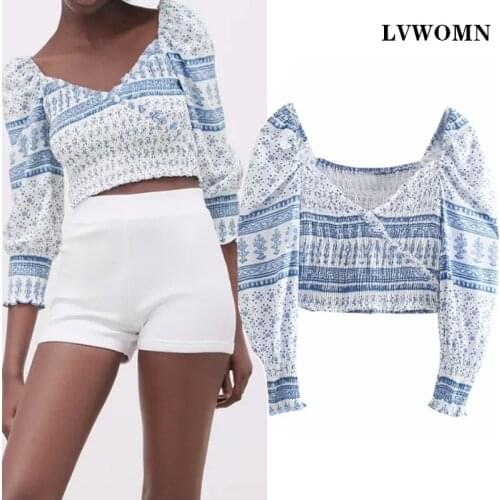 LVWOMN Za Women Blouse Top 2021 Summer Print Ruched Elasticity Top Long Sleeve Female Shirts Vintage Ruffle Blusas Chic Tops